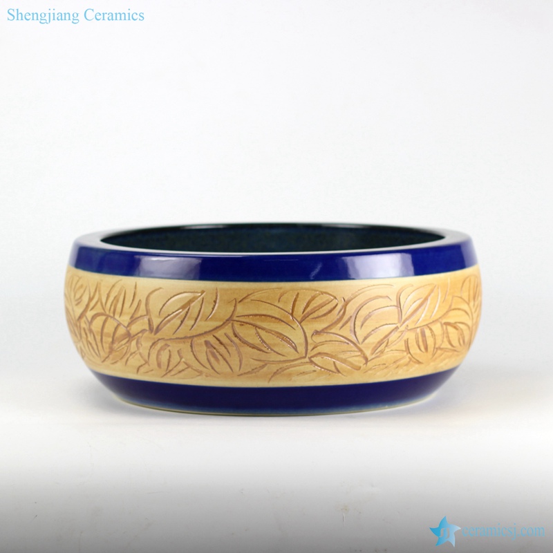 RYXW-YL-DZ-01_0858-2 RYXW-YL-DZ-01 Indigo glaze ground leaves carving pattern bathroom wash sink laundry - shengjiang  ceramic  factory   porcelain art hand basin wash sink