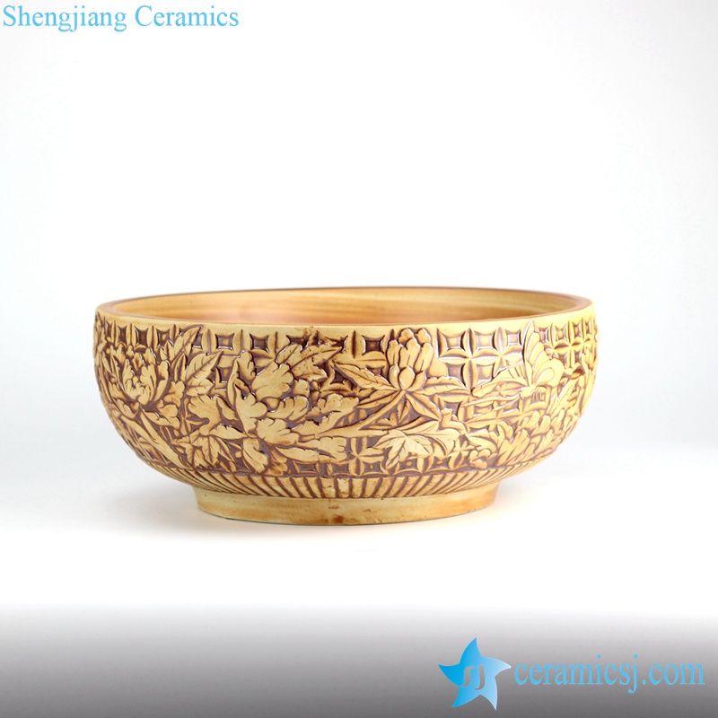 RYXW-YL-DZ-04_1035h16.5w40kg8.45 RYXW-YL-DZ-04 Yellow ivory relief sculpture of floral pattern ceramic vessel sink bowl vanity - shengjiang  ceramic  factory   porcelain art hand basin wash sink