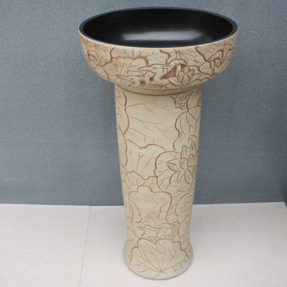 RYXW033_4 RYXW033 Carved flower bird design Ceramic Pedestal Lavatory Sink - shengjiang  ceramic  factory   porcelain art hand basin wash sink