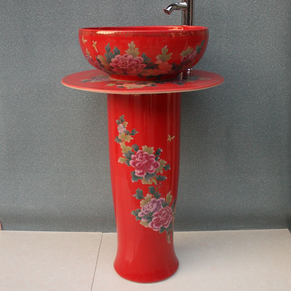 RYXW034_4 RYXW034 Chinese red flower design Ceramic Pedestal Lavatory Sink - shengjiang  ceramic  factory   porcelain art hand basin wash sink