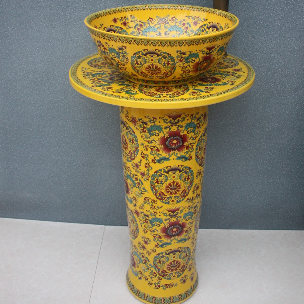 RYXW035_7 RYXW035 Chinese yellow flower design Ceramic Pedestal Lavatory Sink - shengjiang  ceramic  factory   porcelain art hand basin wash sink