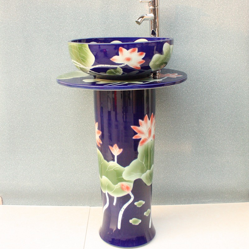 RYXW044_14 RYXW044 Engraved blue flower lotus design Ceramic Pedestal Lavatory Basin - shengjiang  ceramic  factory   porcelain art hand basin wash sink