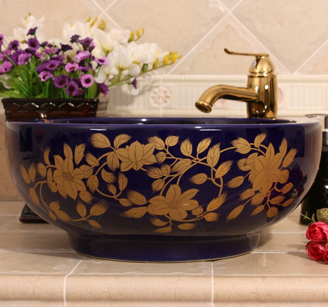 RYXW189_3 Ceramic Bathroom Sink/ Wash basin Blue gold leaf design - shengjiang  ceramic  factory   porcelain art hand basin wash sink