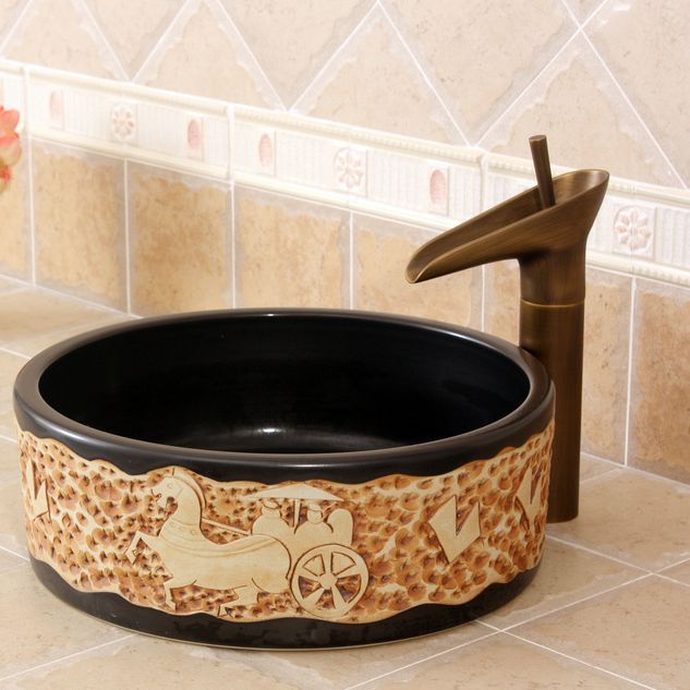 RYXW270_1 Carved horses design Ceramic Bathroom Sink - shengjiang  ceramic  factory   porcelain art hand basin wash sink