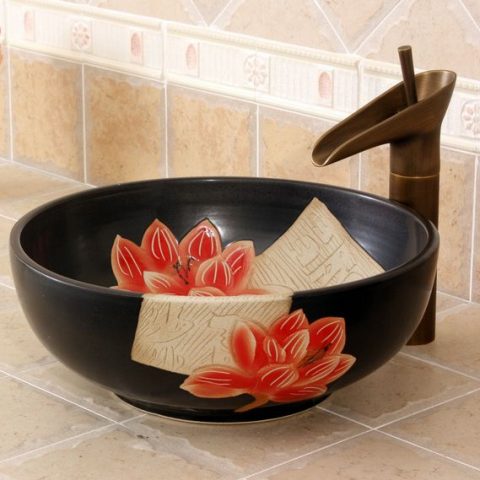 RYXW276 Carved red flower design Ceramic Bathroom Sink
