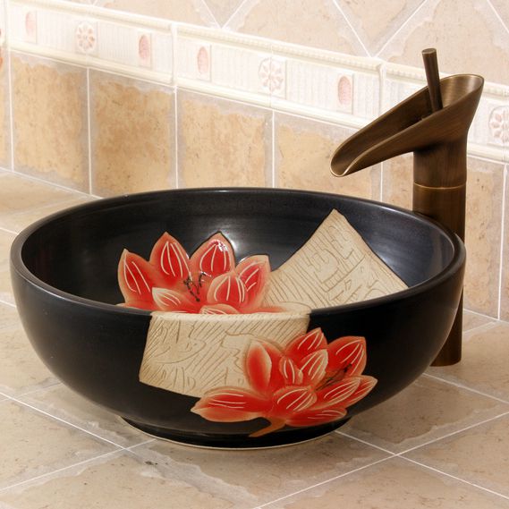 RYXW276_1 RYXW276 Carved red flower design Ceramic Bathroom Sink - shengjiang  ceramic  factory   porcelain art hand basin wash sink