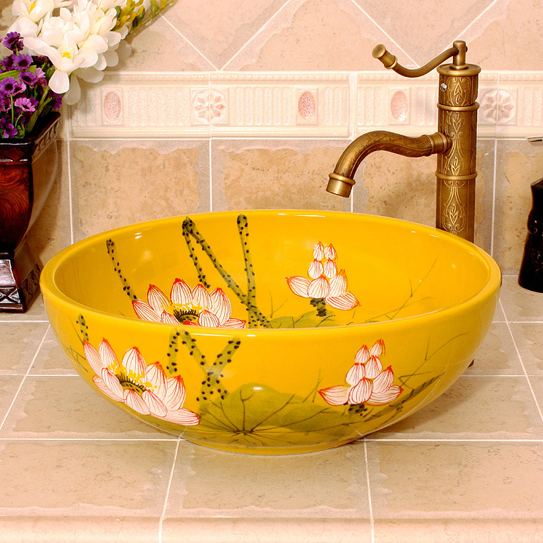 RYXW300_2 Waterlily design, white, yellow Ceramic Bathroom Sink - shengjiang  ceramic  factory   porcelain art hand basin wash sink