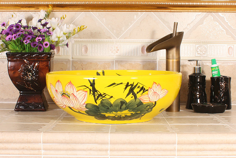 RYXW301_1 Waterlily design, white, yellow Ceramic Bathroom Sink - shengjiang  ceramic  factory   porcelain art hand basin wash sink