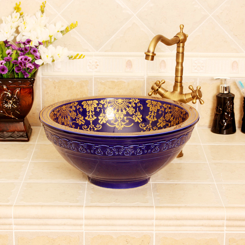 Ryxw320 Blue Gold Fl Design Jingdezhen Ceramic Bathroom Wash