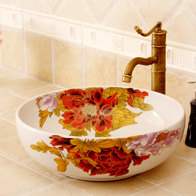 RYXW360_8 5 Colored with floral butterfly design Ceramic colored decorative sink bowls - shengjiang  ceramic  factory   porcelain art hand basin wash sink