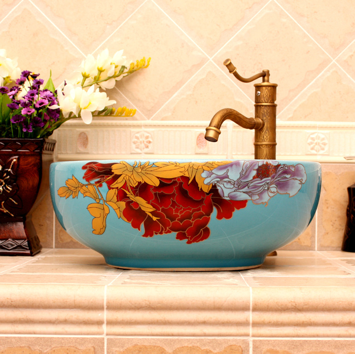 RYXW362_5 5 Colored with floral butterfly design Ceramic colored decorative sink bowls - shengjiang  ceramic  factory   porcelain art hand basin wash sink