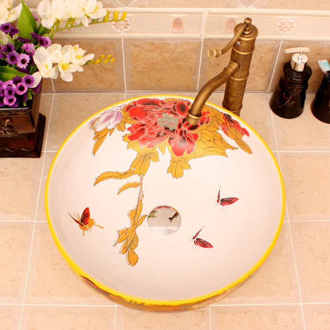 RYXW363_4 5 Colored with floral butterfly design Ceramic colored decorative sink bowls - shengjiang  ceramic  factory   porcelain art hand basin wash sink