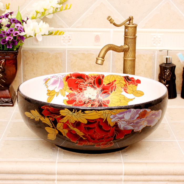 RYXW364_2 5 Colored with floral butterfly design Ceramic colored decorative sink bowls - shengjiang  ceramic  factory   porcelain art hand basin wash sink