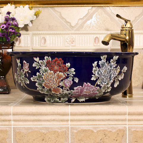 RYXW430_1 blue red and black with Flower design Ceramic flower wash basin - shengjiang  ceramic  factory   porcelain art hand basin wash sink