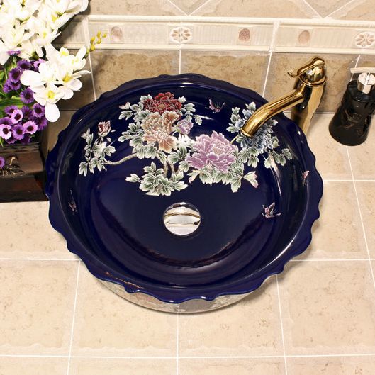 RYXW430_4 blue red and black with Flower design Ceramic flower wash basin - shengjiang  ceramic  factory   porcelain art hand basin wash sink