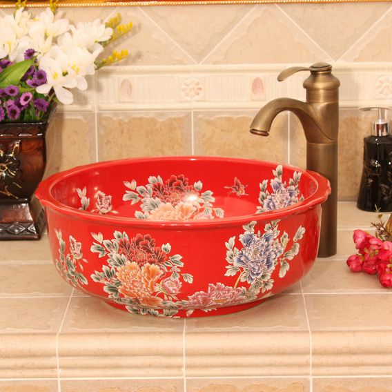 RYXW433_3 blue red and black with Flower design Ceramic flower wash basin - shengjiang  ceramic  factory   porcelain art hand basin wash sink