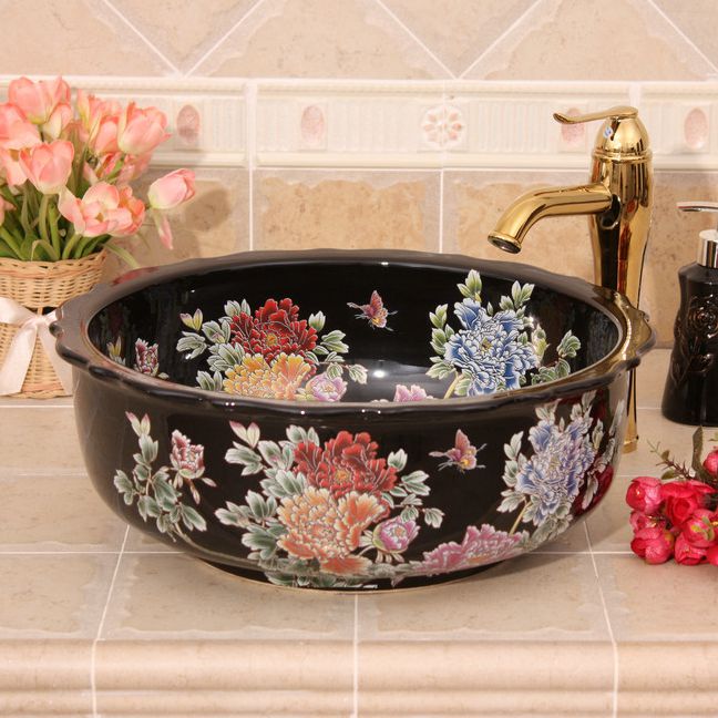 RYXW438_1 blue red and black with Flower design Ceramic flower wash basin - shengjiang  ceramic  factory   porcelain art hand basin wash sink