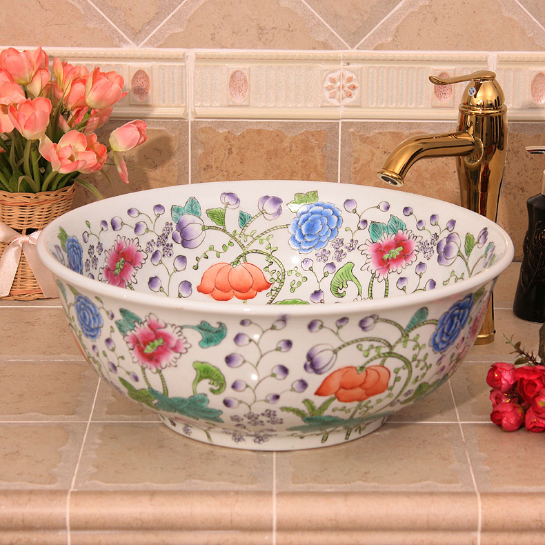 Floral Design Ceramic Bathroom Corner Sink China Jingdezhen
