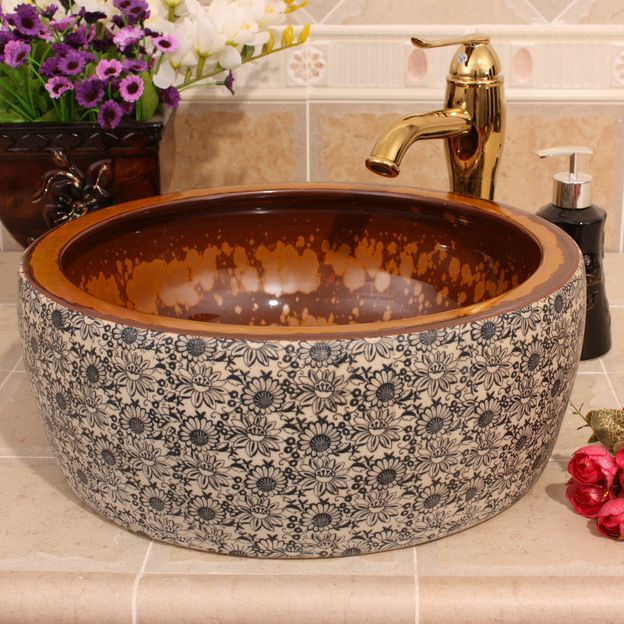 RYXW512_1 RYXW512 Color glazed inside with matte floral outside design Ceramic wash basin size 16″ - shengjiang  ceramic  factory   porcelain art hand basin wash sink