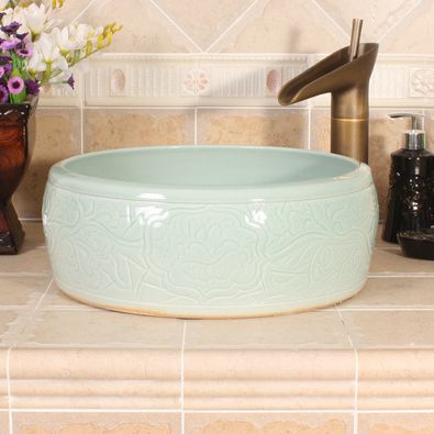 RYXW525_2 RYXW525 Celadon carved with flower design bathroom basin - shengjiang  ceramic  factory   porcelain art hand basin wash sink