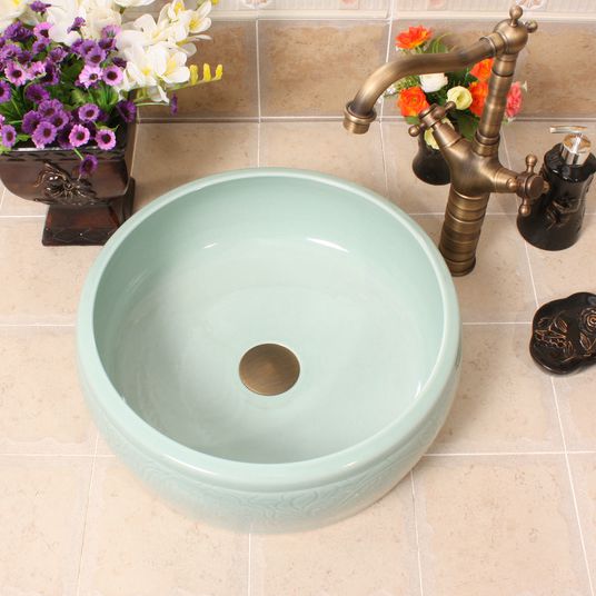 RYXW525_5 RYXW525 Celadon carved with flower design bathroom basin - shengjiang  ceramic  factory   porcelain art hand basin wash sink