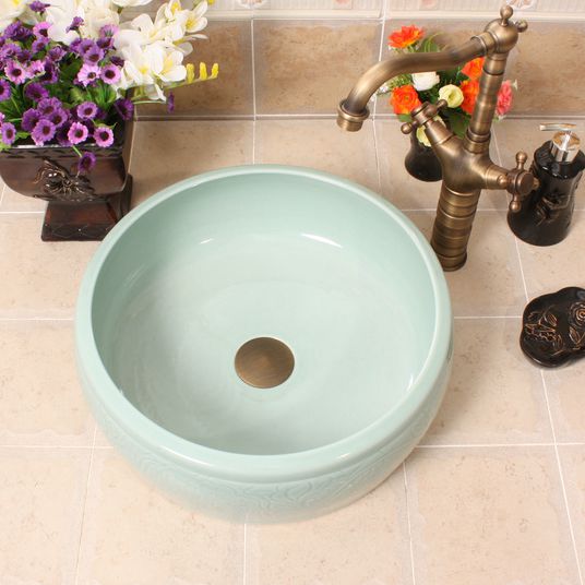 RYXW525_5 RYXW525 Celadon carved with flower design bathroom basin - shengjiang  ceramic  factory   porcelain art hand basin wash sink