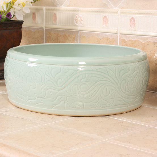 RYXW525_6 RYXW525 Celadon carved with flower design bathroom basin - shengjiang  ceramic  factory   porcelain art hand basin wash sink