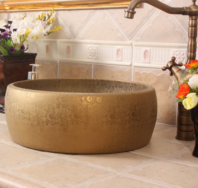 RYXW530_6 Matte gold flower design bathroom basins - shengjiang  ceramic  factory   porcelain art hand basin wash sink