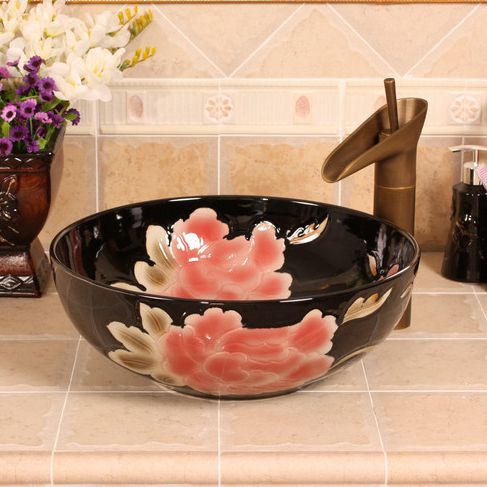 RYXW541_1 RYXW541 Black with carved pink flower design bathroom basins - shengjiang  ceramic  factory   porcelain art hand basin wash sink