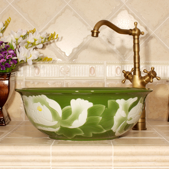 RYXW543_2 Color glazed with carved flower 3 design bathroom fancy wash basin - shengjiang  ceramic  factory   porcelain art hand basin wash sink