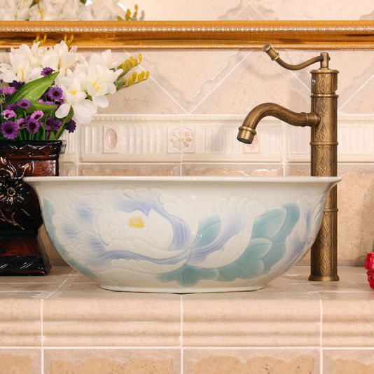 RYXW544_4 Color glazed with carved flower 3 design bathroom fancy wash basin - shengjiang  ceramic  factory   porcelain art hand basin wash sink