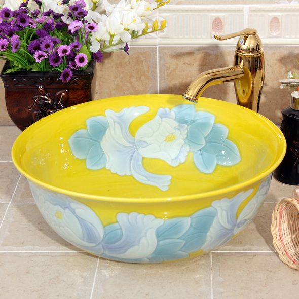 RYXW545_1 Color glazed with carved flower 3 design bathroom fancy wash basin - shengjiang  ceramic  factory   porcelain art hand basin wash sink