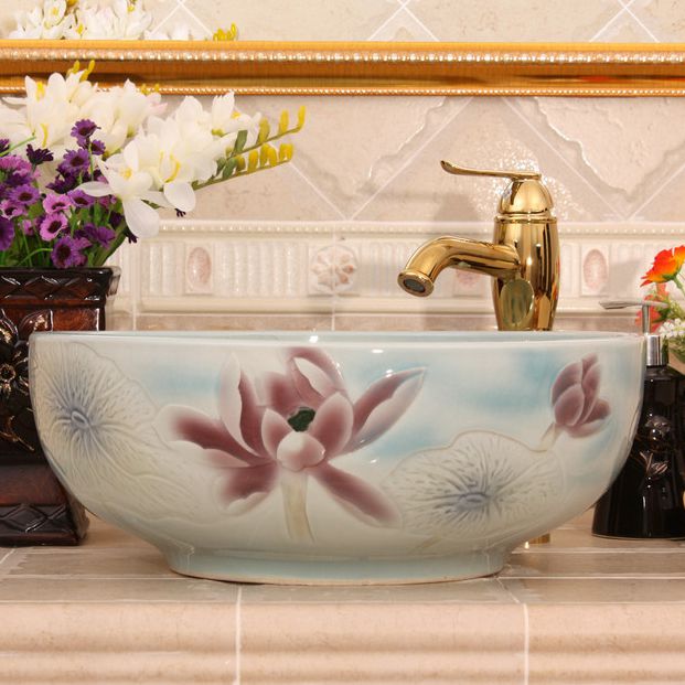 RYXW546_4 RYXW546 Color glazed with carved flower design bathroom sanitaryware - shengjiang  ceramic  factory   porcelain art hand basin wash sink