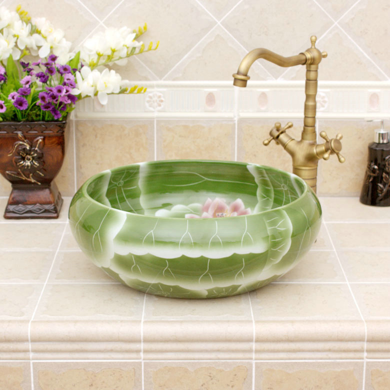 RYXW550_1 Green pink lotus design ceramic sinks for small bathroom - shengjiang  ceramic  factory   porcelain art hand basin wash sink