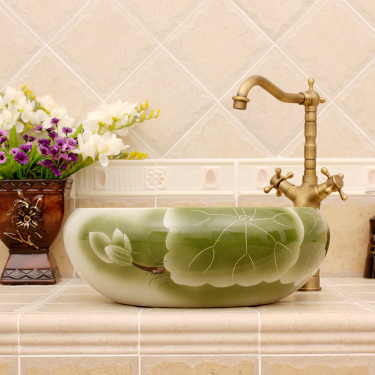 RYXW551_1 Green pink lotus design ceramic sinks for small bathroom - shengjiang  ceramic  factory   porcelain art hand basin wash sink