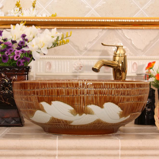 RYXW569_4 RYXW569 Carved bird design wash sink laundry - shengjiang  ceramic  factory   porcelain art hand basin wash sink