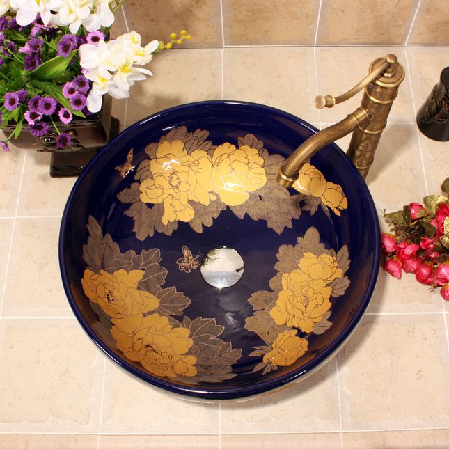 RYXW651_3 RYXW651 Dark blue with gold flower design Oval bathroom vessel sink - shengjiang  ceramic  factory   porcelain art hand basin wash sink