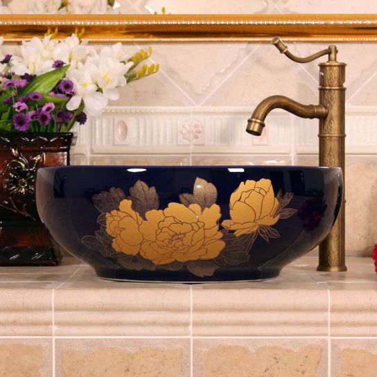 RYXW651_4 RYXW651 Dark blue with gold flower design Oval bathroom vessel sink - shengjiang  ceramic  factory   porcelain art hand basin wash sink