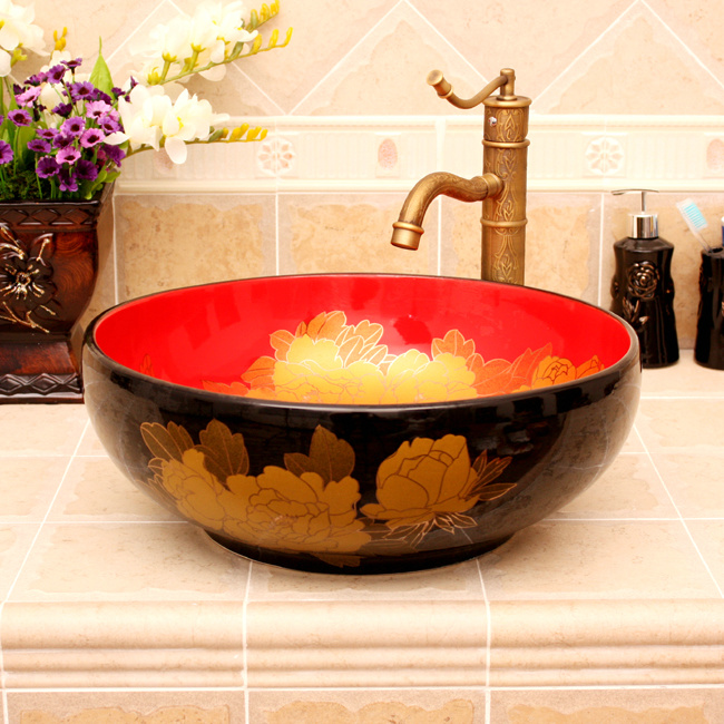 RYXW653_1 RYXW651 Dark blue with gold flower design Oval bathroom vessel sink - shengjiang  ceramic  factory   porcelain art hand basin wash sink