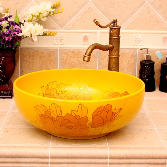 RYXW655_1 RYXW655 Yellow with gold flower design Oval ceramic vessel sink - shengjiang  ceramic  factory   porcelain art hand basin wash sink
