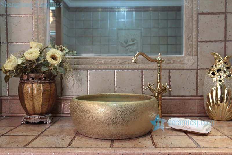 RYXW694-R8003 RYXW694 Hot sale golden round stamping floral surface hotel luxury ceramic washbasin - shengjiang  ceramic  factory   porcelain art hand basin wash sink