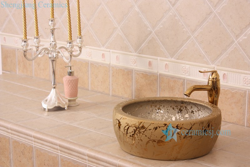 RYXW695-R8004 RYXW695 Golden thicken wall round ceramic indoor sink basin - shengjiang  ceramic  factory   porcelain art hand basin wash sink