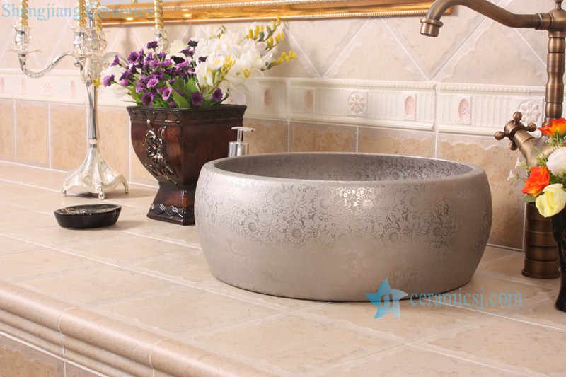 RYXW697-R8006 RYXW697 Silver color floral stamping surface round bathroom lavabo basin - shengjiang  ceramic  factory   porcelain art hand basin wash sink