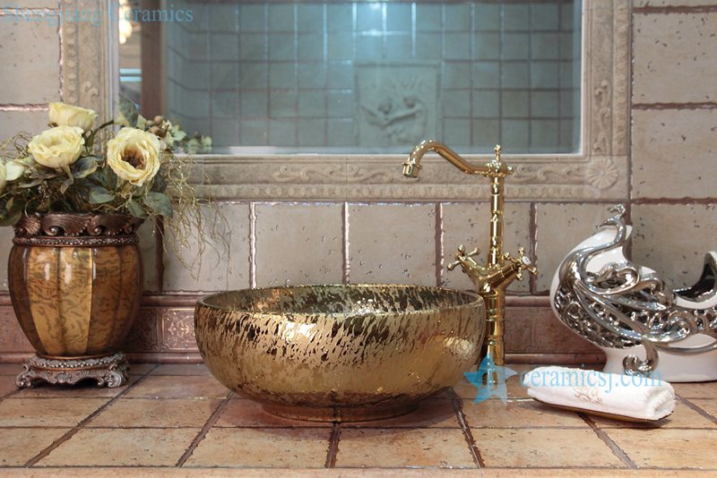 RYXW699-R8008 RYXW699 Gold bright surface wholesale ceramic cabinet top wash hand basin - shengjiang  ceramic  factory   porcelain art hand basin wash sink