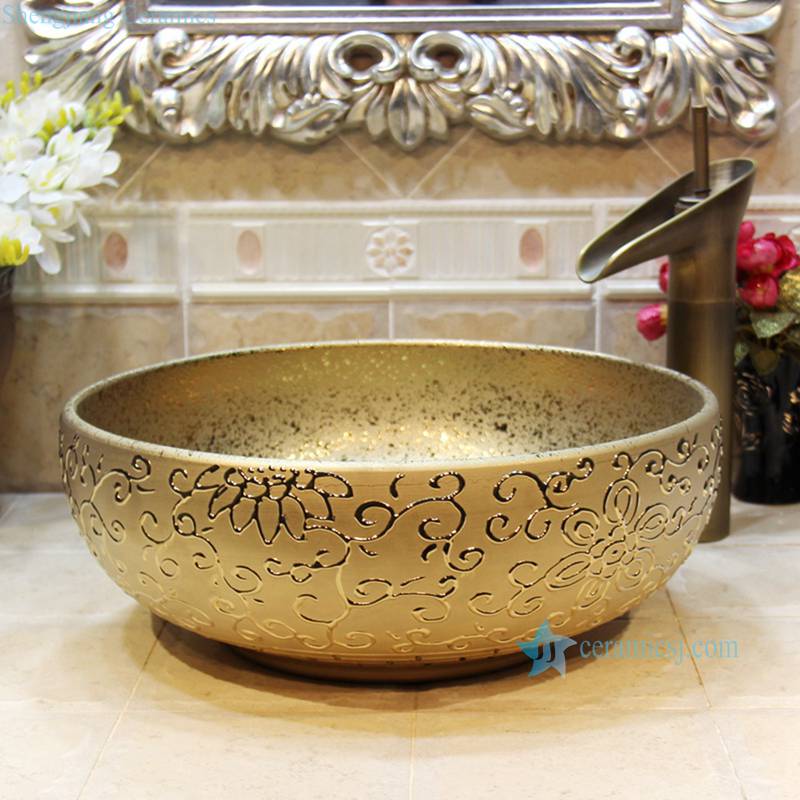 RYXW707-R8017 RYXW707 Golden floral surface modern kitchen designs ceramic sink bowl - shengjiang  ceramic  factory   porcelain art hand basin wash sink