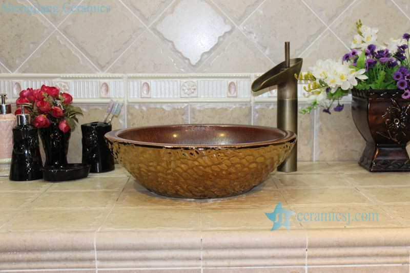 RYXW708-R8018 RYXW708 Rough copper glazed inside golden water wave outside big open mouth basin bowl - shengjiang  ceramic  factory   porcelain art hand basin wash sink