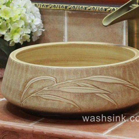 TPAA-050 Round ceramic wash basin bowl with carved reed pattern