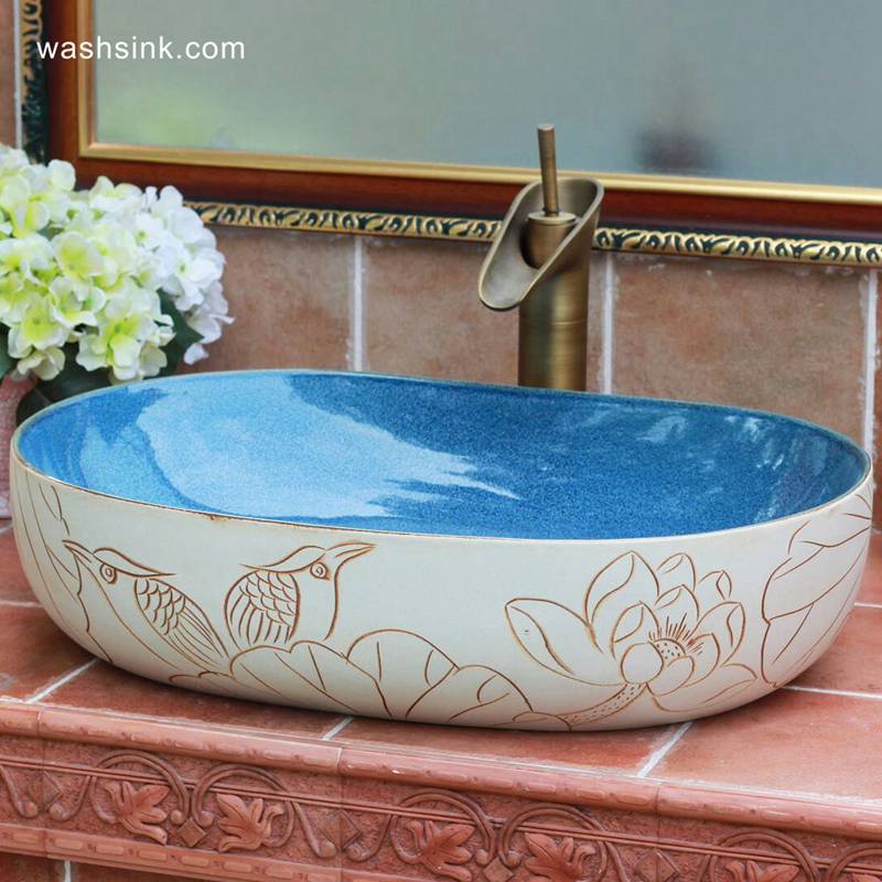 TPAA-121-w58×40×15j3135 TPAA-121 Jingxi Jingdezhen hand carving lotus bird art pottery lavatory bowl - shengjiang  ceramic  factory   porcelain art hand basin wash sink