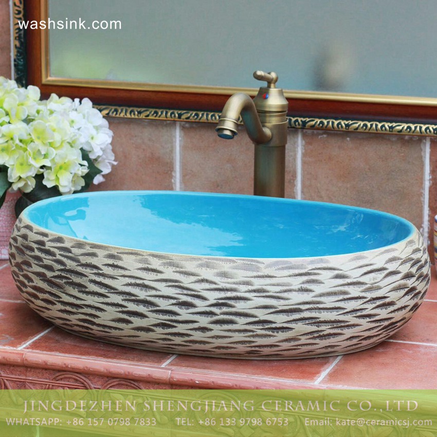 TPAA-155-w58×40×15j3135 TPAA-155 Carved style ocean blue glaze inside Jingdezhen hot sale long ceramic trough sink vanity - shengjiang  ceramic  factory   porcelain art hand basin wash sink