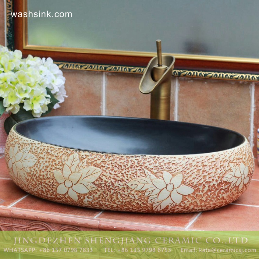 TPAA-157-w58×40×15j3135 TPAA-157 China supplier online sale carved floral pattern matte black glaze easy clean Jingdezhen ceramic kitchen art basin - shengjiang  ceramic  factory   porcelain art hand basin wash sink